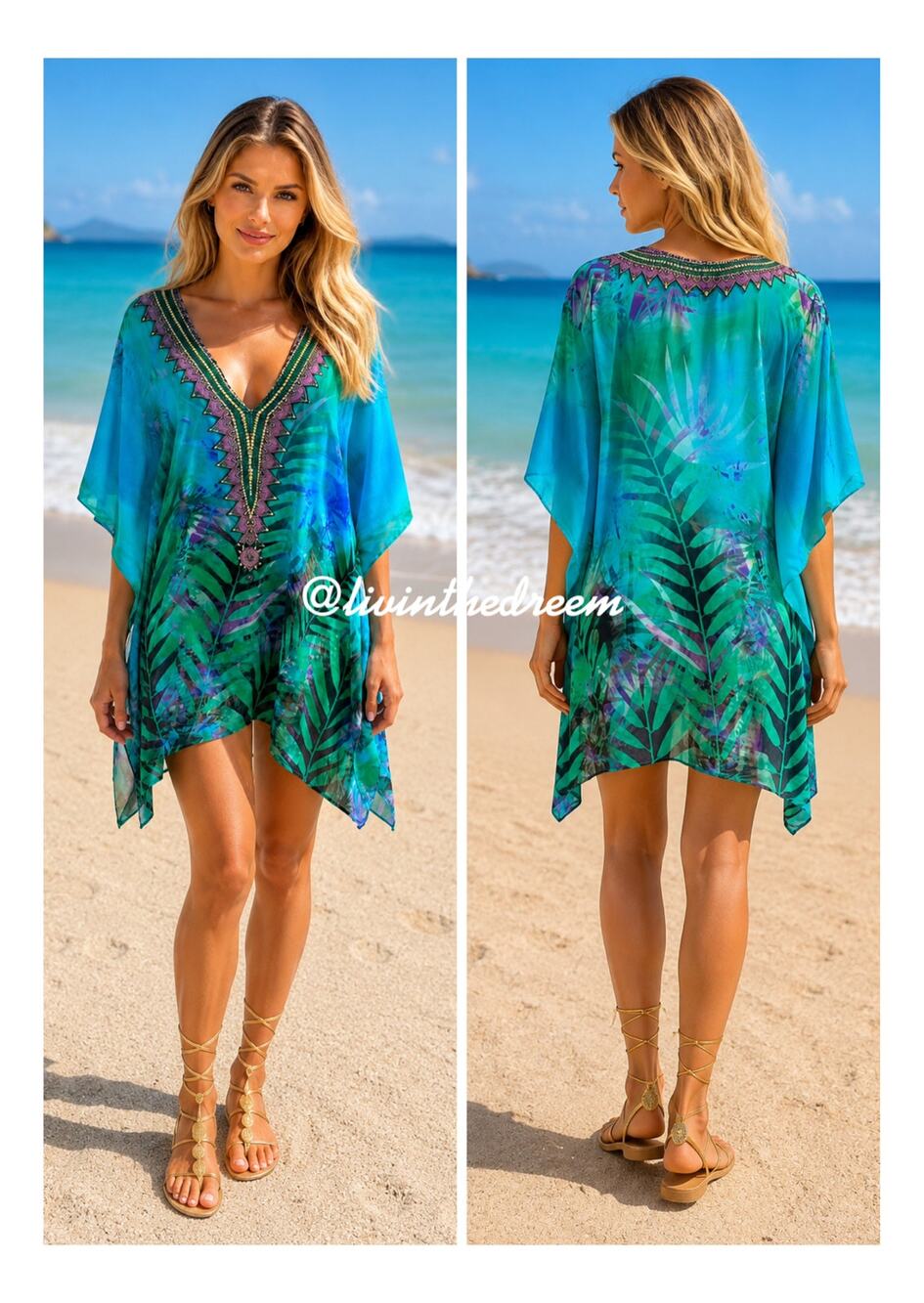 Shahida Parides Vibrant Green Palm Print Tropical V-Neck Dress Tunic Kaftan